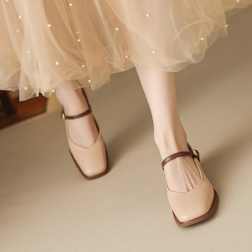 【预售5天】复古方头粗跟玛丽珍浅口单鞋女春夏新款简约通勤中跟鞋HCYYHD&5901 商品图2