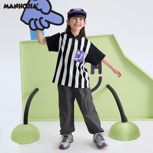 漫画家【笑脸POLO】儿童T恤夏笑脸口袋条纹拼接POLO衫男 商品图4