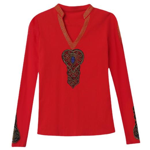 雀说V领重工烫钻t恤女长袖蕾丝拼接小衫上衣新款打底衫AL1836 商品图4