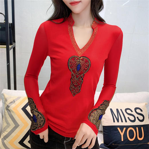 雀说V领重工烫钻t恤女长袖蕾丝拼接小衫上衣新款打底衫AL1836 商品图5