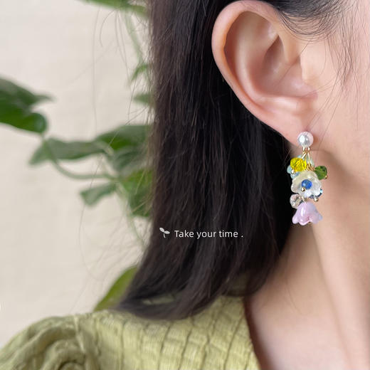 铃兰花手工玻璃水晶五彩耳环 商品图1