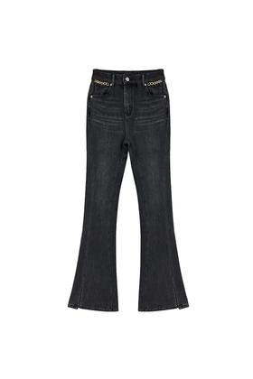 侧开叉黑色喇叭裤薄款