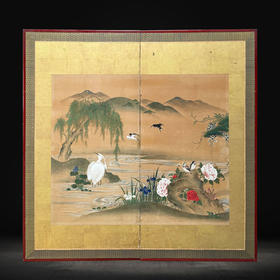 独角鹿西洋古董 19世纪日本明治时期出品「湖畔花间鹭鸟」主题纸本设色双曲屏风