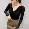 雀说性感V领网纱长袖T恤女装新款欧货洋气豹纹上衣修身打底衫AL1825 商品缩略图2