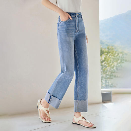 IC 设计感翻边脚口修身牛仔裤女2025春秋通勤休闲百搭直筒裤 商品图3