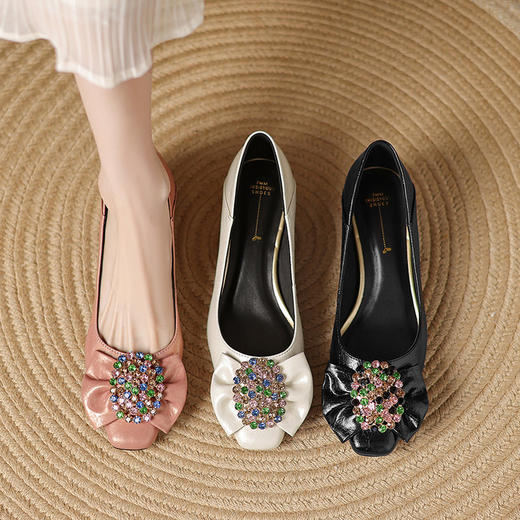 【预售5天】里外全皮蝴蝶花水钻粗跟玛丽珍鞋晚风温柔中跟方头浅口单鞋女HCYYHD&5917 商品图1