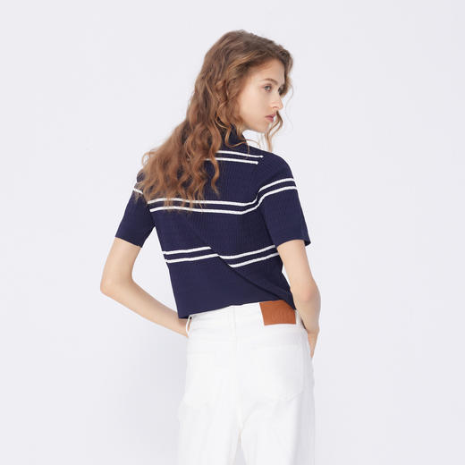 NEELLY纳俪商场同款春新款Polo领个性显瘦针织衫女短袖条纹上衣N25034A04612 商品图1