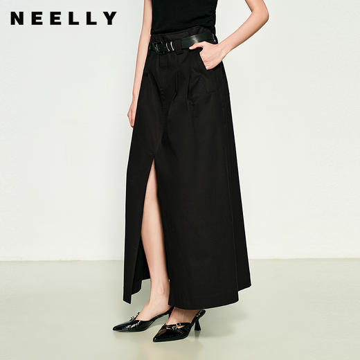 NEELLY纳俪商场同款春新款设计感高腰黑色半身裙女开衩收腰A字裙N25032E01154 商品图0