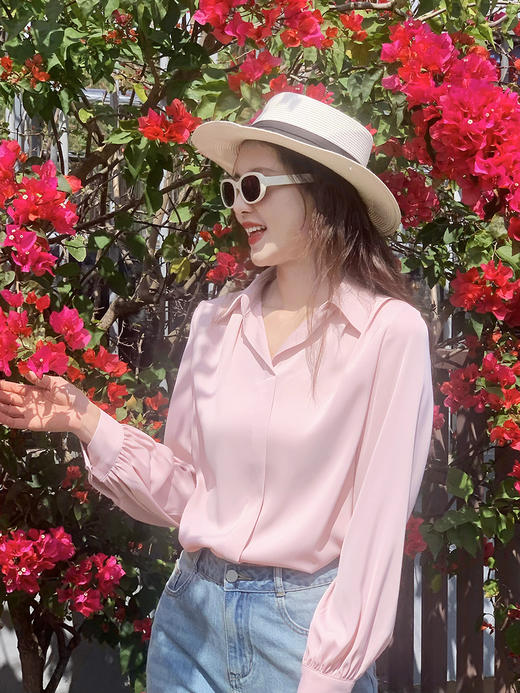 【百图lulu定制】【柔光衬衫】【送项链】项链可拆 仿醋酸 光泽感 翻领 长袖 套头 衬衫 商品图1