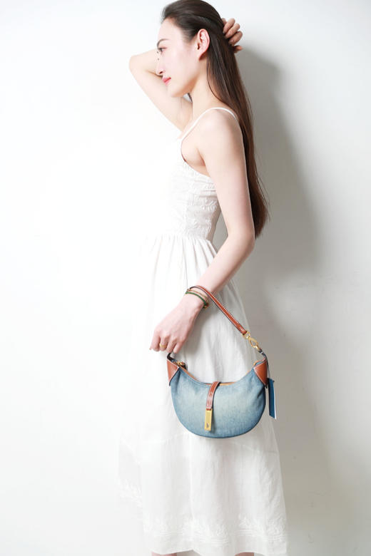 月牙丹宁包，出口日本喔。羊皮+牛皮拼接の拉链闭合单肩包C030560 商品图8