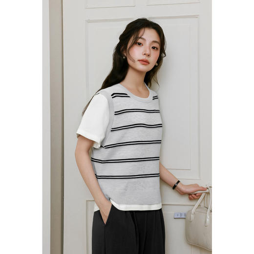 【严选】诗凡黎设计感假两件圆领短袖T恤拼接针织2025春新款显瘦打底衫女7G3131491 商品图2