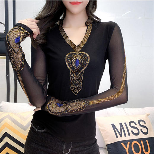 雀说V领重工烫钻t恤女长袖蕾丝拼接小衫上衣新款打底衫AL1836 商品图2