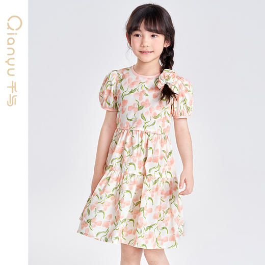 笛莎千与2025夏季新款女童甜美花朵印花短袖棉布连衣裙 商品图2