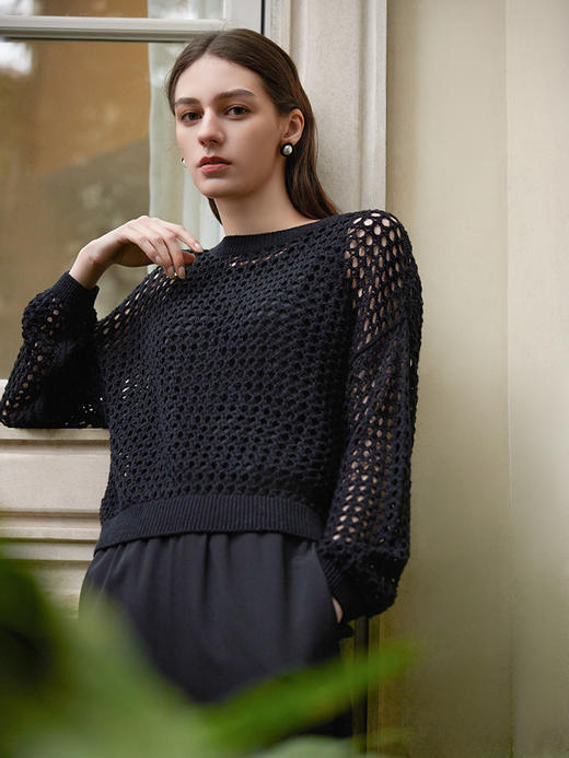 【棉麻镂空针织衫】25年春夏新品女士时尚镂空圆领针织套衫内搭背心 商品图1