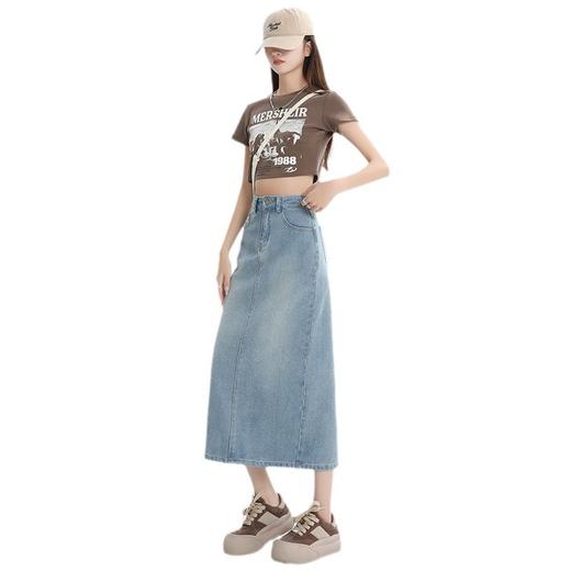 雀说星空纹后开叉浅色牛仔裙新款高腰显瘦半身裙子AL7559 商品图4