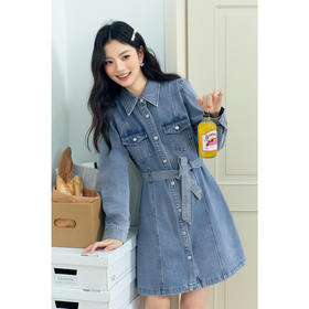 【严选】诗凡黎廓形牛仔连衣裙2025春新款翻领气质收腰复古显瘦中长裙7G3190541