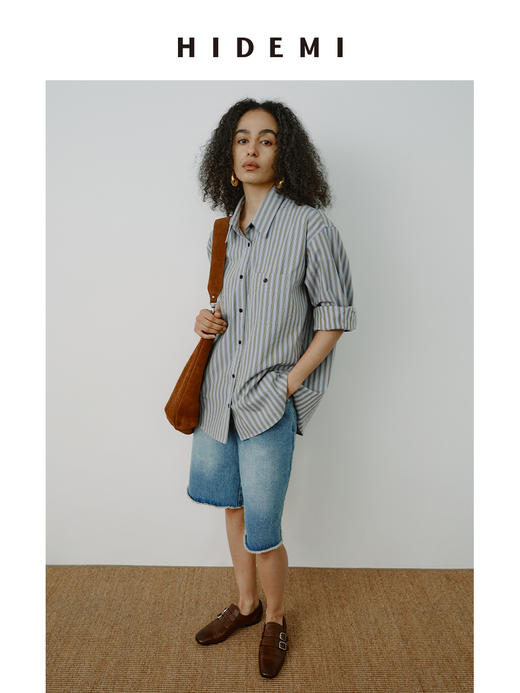 HIDEMI极简色织条纹大廓形口袋设计感oversize知识分子衬衫 商品图3