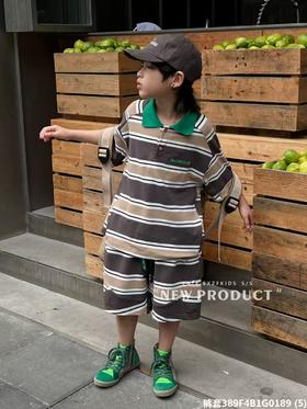 清货~【小资范】0189咖拼绿色翻领条纹短袖/短裤（微脏）-喜出