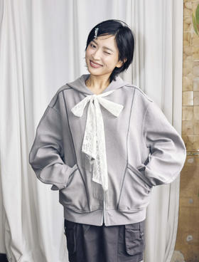 蕾丝绑带卫衣外套