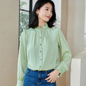 米思阳2026春季新款法式时尚纯色宽松衬衫荷叶领弹力开衫上衣0026