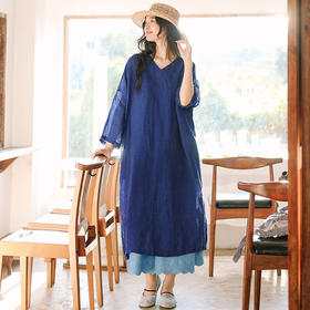 绽放098朵/蓝色多瑙河连衣裙进口微皱色织亚麻落肩袍子七分袖裙子