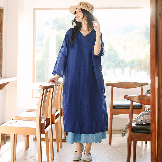 绽放098朵/蓝色多瑙河连衣裙进口微皱色织亚麻落肩袍子七分袖裙子 商品图0