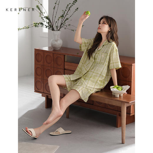 可人儿小众设计师新款泡泡绵夏季女士短袖睡衣时尚可外出家居服套 商品图2