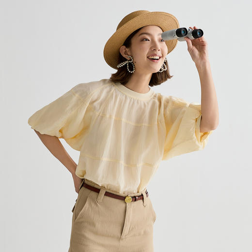 谜底衬衫分袖女2025夏季新品通勤优雅泡泡袖宽松T型上衣252MS0546 商品图0