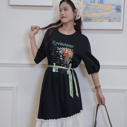 两三事一路繁花莫奈花园风宽松百搭休闲黑色复古圆领印花连衣裙 商品图4