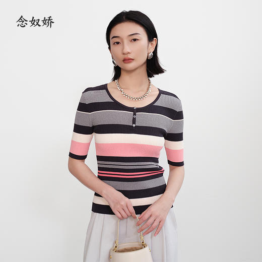 【商场同款】CNK5386 “彩虹条纹衫” 宽窄条纹修身毛衫 商品图0