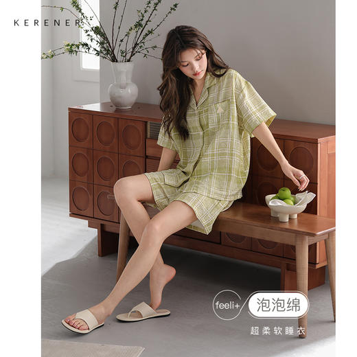 可人儿小众设计师新款泡泡绵夏季女士短袖睡衣时尚可外出家居服套 商品图0