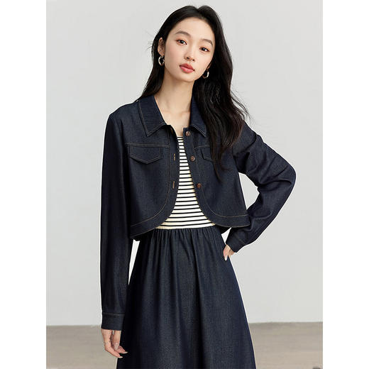 【五折购】熙世界软牛仔短款外套条纹针织拼接连衣裙两件套装女2025春装新款 商品图3