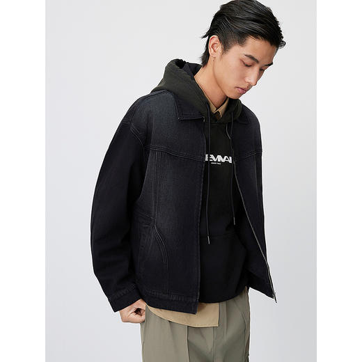 GXG男装 黑色复古水洗拉链式通勤简约牛仔翻领夹克外套25年春热卖 商品图2