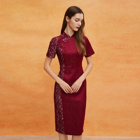 QF805斯尔丽2025新款喜妈妈商场同款宴会改良拼接蕾丝旗袍烫钻连衣裙