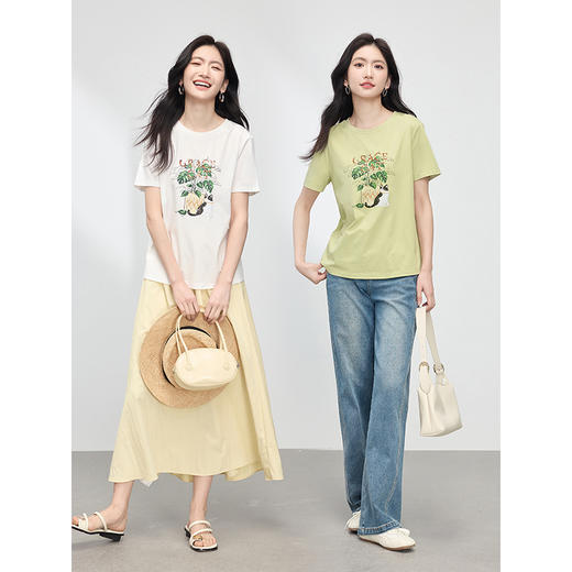 【专属特价】熙世界2025春夏新款绿植萌宠绣花t恤女短袖圆领正肩体恤内搭上衣 商品图1