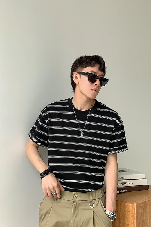 徐太浪210g撞色条纹短袖T恤男2025新款夏季宽松休闲半袖体恤上衣 商品图4