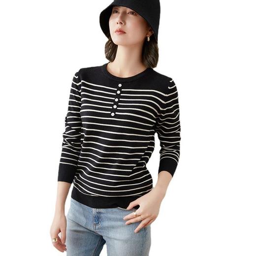 法式极简春季『赫本圆领针织衫』  圆领不挑人 修饰颈部线条 舒适亲肤条纹长袖打底针织衫秋冬新款毛衣短款清新宽松休闲内搭外穿毛衫女 商品图1