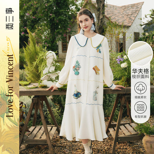 两三事邮梦人连衣裙柔软甜美华夫格开春莫奈花园风 商品图2