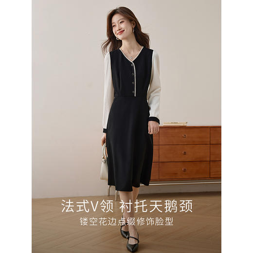 【专属特价】熙世界法式优雅长袖拼接连衣裙女假两件花边V领裙子2025春装新款 商品图2