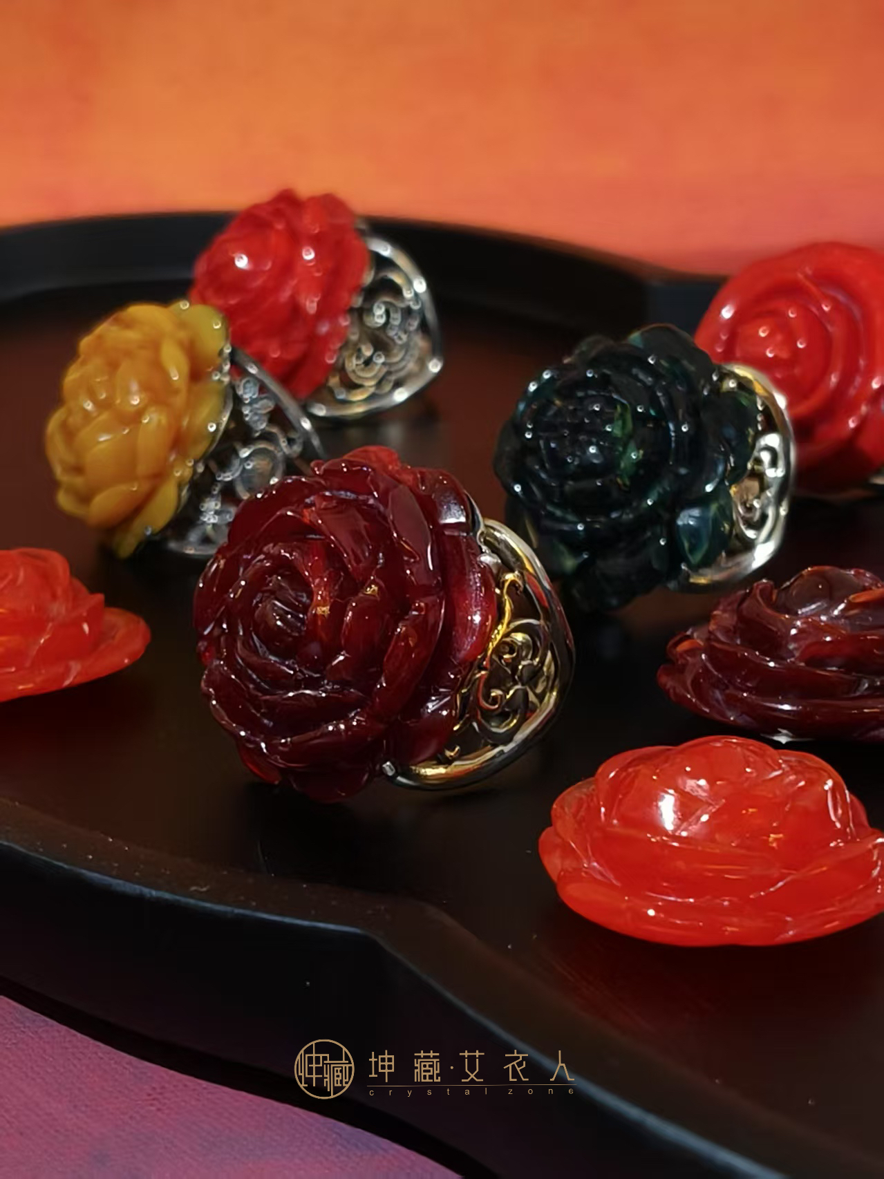 多宝蜜蜡雕玫瑰花镶尼泊尔手制925银戒指