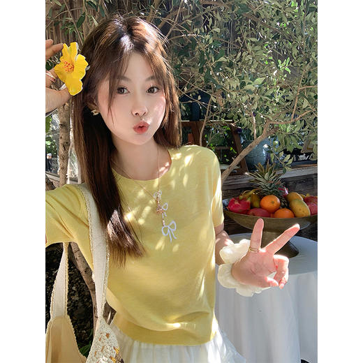 <曾小咸推荐>韩版2色蝴蝶结绣花针织短袖T恤 商品图1