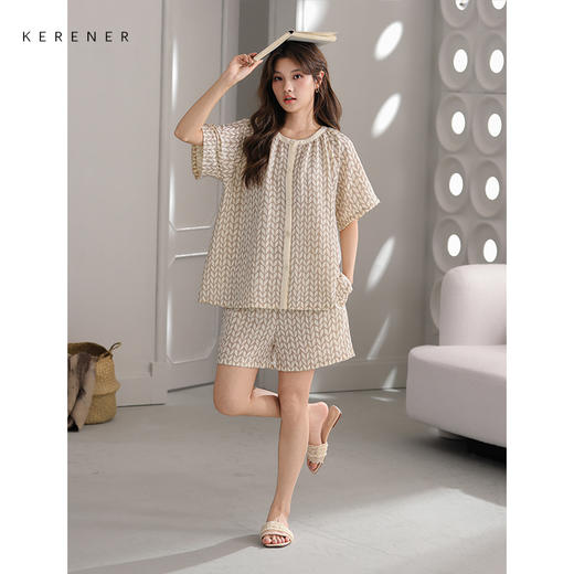 可人儿小众设计师新款泡泡绵夏季女士短袖睡衣时尚可外出家居服 商品图2