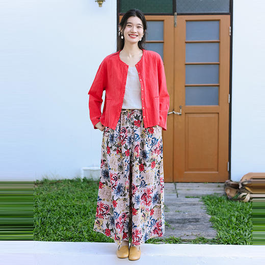 绽放旅行女装118朵/苎麻印花全腰松紧内加抽绳复古风透气阔腿裙裤 商品图3