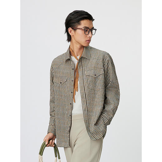 GXG男装 泡泡纱格纹时尚休闲通勤翻领长袖衬衫男生 25年春热卖 商品图2