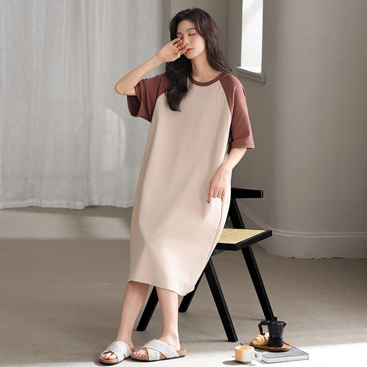 洁丽雅新款短袖睡衣拼色睡裙夏季夏天大码宽松中长款薄款外穿睡裙 商品图2