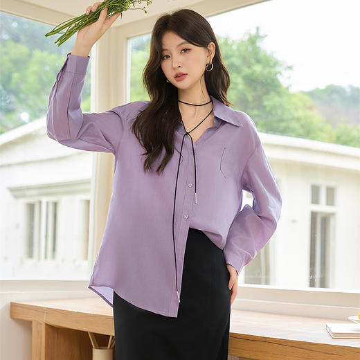 西遇宽松轻职场衬衫女新款法式紫色上衣慵懒风翻领外套D0050461 商品图3