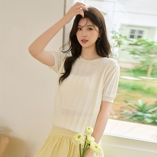 西遇薄款短袖毛衣女新款珍珠领坑条紫色圆领短款针织衫D0050385 商品图2