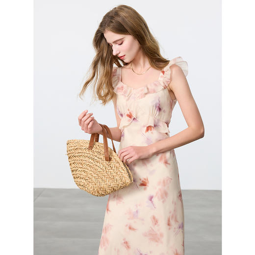 三彩2025春季新款晕染印花连衣裙飞飞袖方领收腰A字裙长裙M 商品图1