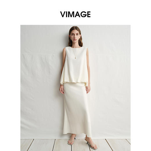 VIMAGE纬漫纪亚麻T恤法式无袖花苞边文艺显瘦上衣女2025夏季新款V2313918 商品图2