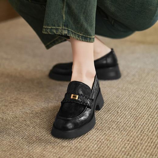 手工女鞋真皮复古英伦风粗跟乐福鞋2025新款深口圆头单鞋5CM 商品图2